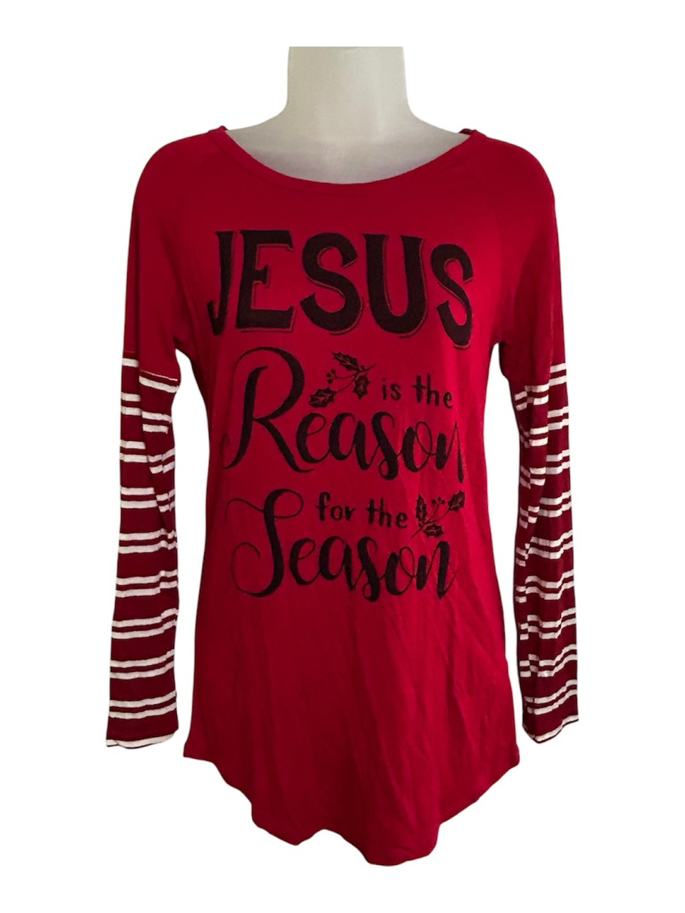 Jesus Is The Reason For The Season Long Sleeve Stripes Shirt Red White Sz Small